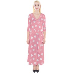 Cute Pink And White Hearts Quarter Sleeve Wrap Maxi Dress by SpinnyChairDesigns