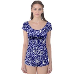 Blue White Paisley Intricate Swirls Boyleg Leotard  by SpinnyChairDesigns
