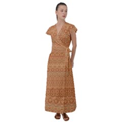 Boho Fancy Peach  Flutter Sleeve Maxi Dress by SpinnyChairDesigns