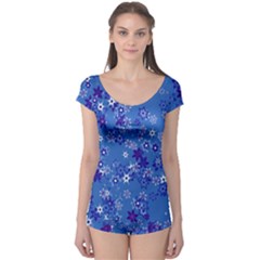 Cornflower Blue Floral Print Boyleg Leotard  by SpinnyChairDesigns