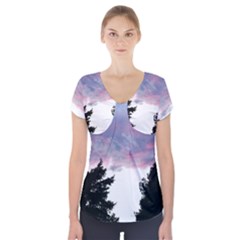 Colorful Overcast, Pink,violet,gray,black Short Sleeve Front Detail Top by MartinsMysteriousPhotographerShop