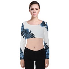 Blue Banana Leaves Velvet Long Sleeve Crop Top by goljakoff