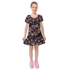 Dark Floral Ornate Print Kids  Short Sleeve Velvet Dress by dflcprintsclothing