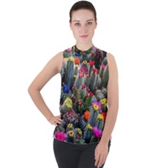 Cactus Mock Neck Chiffon Sleeveless Top by Sparkle