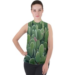 Green Cactus Mock Neck Chiffon Sleeveless Top by Sparkle