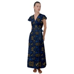 Tribal Festive Folk Pattern Flutter Sleeve Maxi Dress by tmsartbazaar