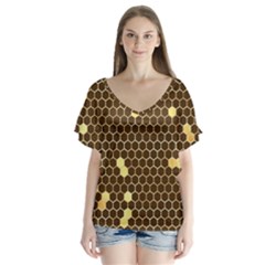 Gold Honeycomb On Brown V-neck Flutter Sleeve Top by Angelandspot