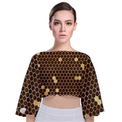 Gold Honeycomb On Brown Tie Back Butterfly Sleeve Chiffon Top by Angelandspot