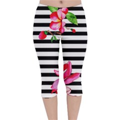 Black And White Stripes Velvet Capri Leggings  by designsbymallika