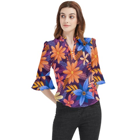 Colourful Print 5 Loose Horn Sleeve Chiffon Blouse by designsbymallika