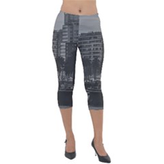 Sunset Coastal Urban Scene, Montevideo, Uruguay Lightweight Velour Capri Leggings  by dflcprintsclothing