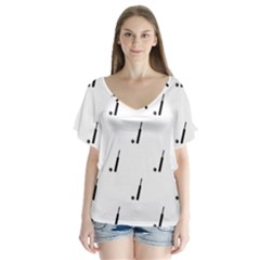 Black And White Cricket Sport Motif Print Pattern V-neck Flutter Sleeve Top by dflcprintsclothing