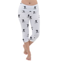 Black And White Surfing Motif Graphic Print Pattern Lightweight Velour Capri Yoga Leggings by dflcprintsclothing