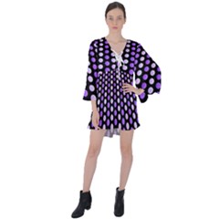 Purple And Pink Dots Pattern, Black Background V-neck Flare Sleeve Mini Dress by Casemiro