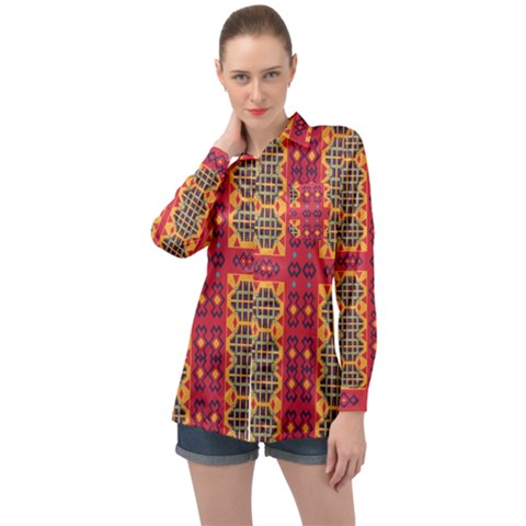 Shapes In Retro Colors2                                                          Long Sleeve Satin Shirt by LalyLauraFLM