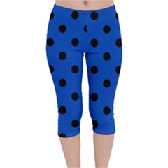 Large Black Polka Dots On Absolute Zero Blue - Velvet Capri Leggings  by FashionLane