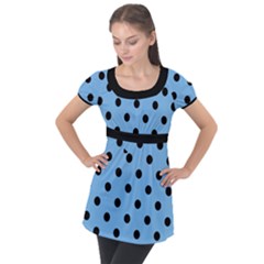 Large Black Polka Dots On Aero Blue - Puff Sleeve Tunic Top by FashionLane