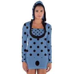 Large Black Polka Dots On Air Force Blue - Long Sleeve Hooded T-shirt by FashionLane