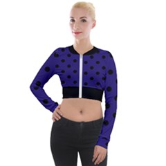 Large Black Polka Dots On Berry Blue - Long Sleeve Cropped Velvet Jacket by FashionLane