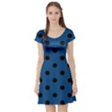 Large Black Polka Dots On Classic Blue - Short Sleeve Skater Dress View1