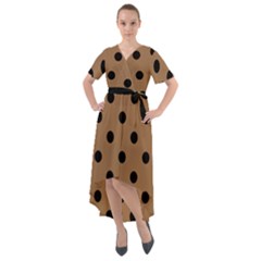 Large Black Polka Dots On Bone Brown - Front Wrap High Low Dress by FashionLane