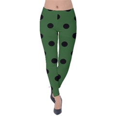 Large Black Polka Dots On Basil Green - Velvet Leggings by FashionLane