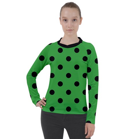 Large Black Polka Dots On Just Green - Women s Pique Long Sleeve Tee by FashionLane