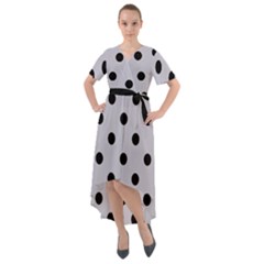 Large Black Polka Dots On Cloudy Grey - Front Wrap High Low Dress by FashionLane