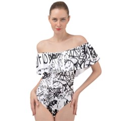 Black And White Graffiti Abstract Collage Off Shoulder Velour Bodysuit  by dflcprintsclothing