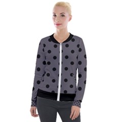 Large Black Polka Dots On Dark Smoke Grey - Velvet Zip Up Jacket by FashionLane