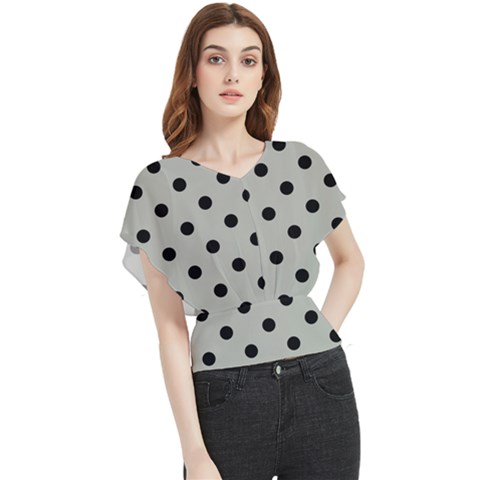 Large Black Polka Dots On Silver Cloud Grey - Butterfly Chiffon Blouse by FashionLane