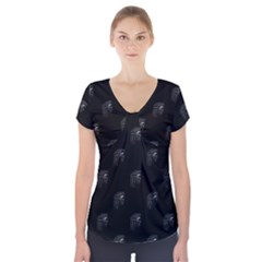 Arfican Head Sculpture Motif Print Pattern Short Sleeve Front Detail Top by dflcprintsclothing