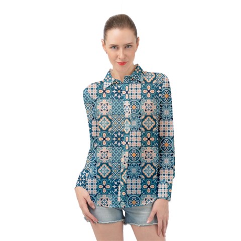 Ceramic Tile Pattern Long Sleeve Chiffon Shirt by designsbymallika