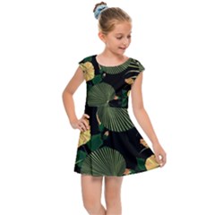 Tropical Vintage Yellow Hibiscus Floral Green Leaves Seamless Pattern Black Background  Kids  Cap Sleeve Dress by Sobalvarro
