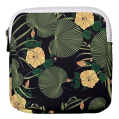 Tropical Vintage Yellow Hibiscus Floral Green Leaves Seamless Pattern Black Background  Mini Square Pouch by Sobalvarro