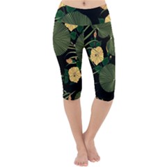 Tropical Vintage Yellow Hibiscus Floral Green Leaves Seamless Pattern Black Background  Lightweight Velour Cropped Yoga Leggings by Sobalvarro