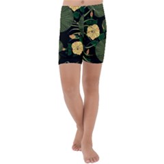 Tropical Vintage Yellow Hibiscus Floral Green Leaves Seamless Pattern Black Background  Kids  Lightweight Velour Capri Yoga Leggings by Sobalvarro
