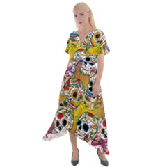Sugar Skulls Cross Front Sharkbite Hem Maxi Dress by ExtraAwesomeSauce