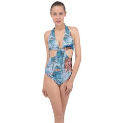 Retro Girls Halter Front Plunge Swimsuit by ExtraAwesomeSauce
