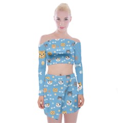 Cute Cat Pattern Off Shoulder Top With Mini Skirt Set by ExtraAwesomeSauce