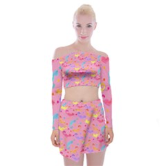 Watercolor Cats Pattern Off Shoulder Top With Mini Skirt Set by ExtraAwesomeSauce