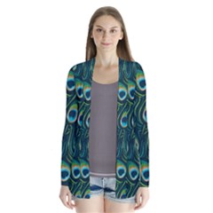 Watercolor Peacock Feather Pattern Drape Collar Cardigan by ExtraAwesomeSauce