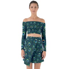 Watercolor Peacock Feather Pattern Off Shoulder Top With Skirt Set by ExtraAwesomeSauce