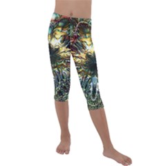 Multicolor Floral Art Copper Patina  Kids  Lightweight Velour Capri Leggings  by CrypticFragmentsDesign