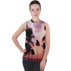 Palm Trees Mock Neck Chiffon Sleeveless Top by LW323