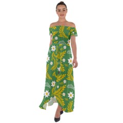 Folk Flowers Art Pattern Floral Abstract Surface Design  Seamless Pattern Off Shoulder Open Front Chiffon Dress by Eskimos