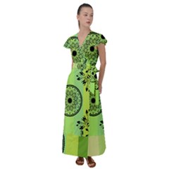 Green Grid Cute Flower Mandala Flutter Sleeve Maxi Dress by Magicworlddreamarts1