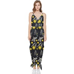 Folk Flowers Art Pattern Floral Abstract Surface Design  Seamless Pattern Sleeveless Tie Ankle Jumpsuit by Eskimos