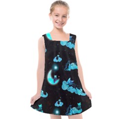 Starry Night With Foxes, Cats And An Owl Moon Kids  Cross Back Dress by TanitaSiberia