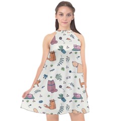 Funny Cats Halter Neckline Chiffon Dress  by SychEva